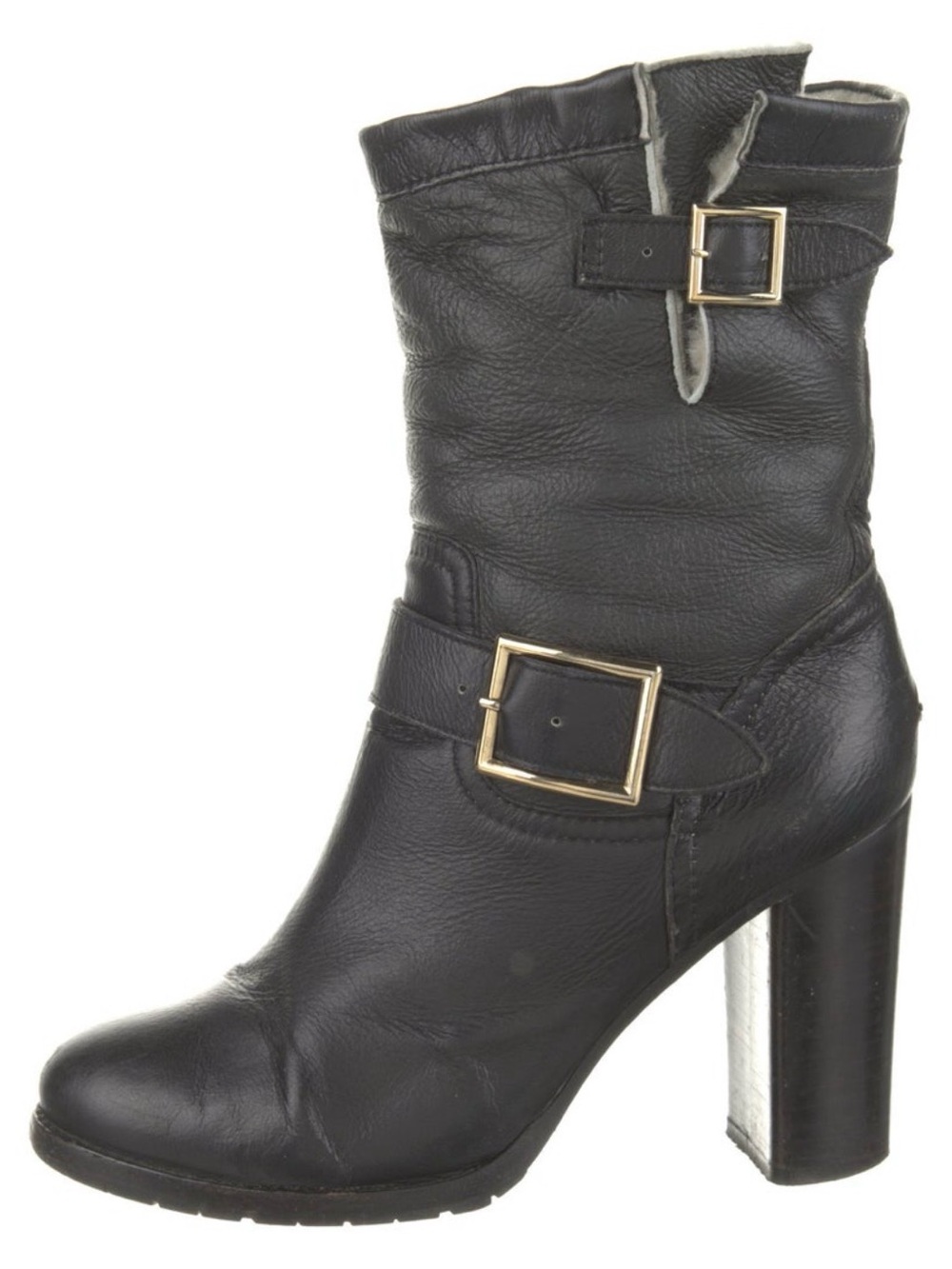 Jimmy Choo Black Leather Block Heel Moto Boots with Gold Buckles size EU 38.5